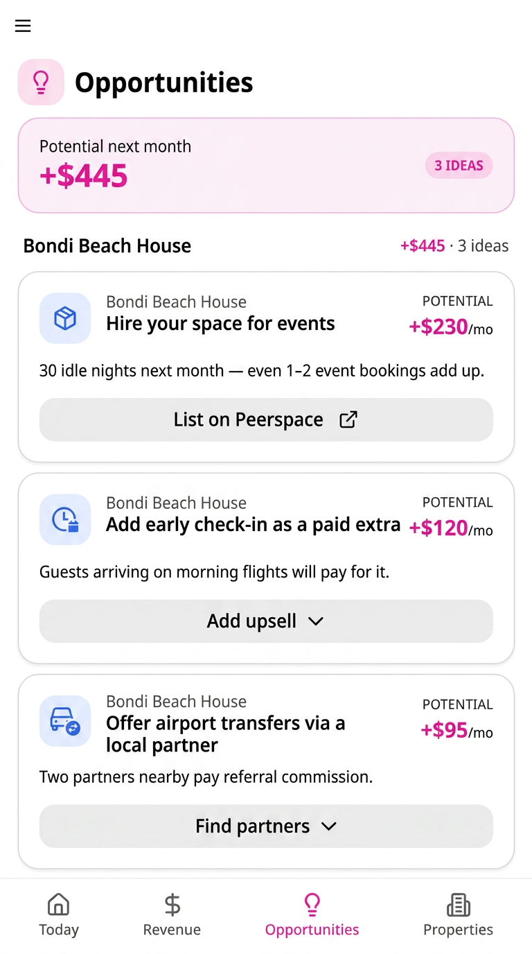 Homsies opportunities screen showing personalised ideas to earn more: hiring your space for events, paid early check-in and airport transfer referrals