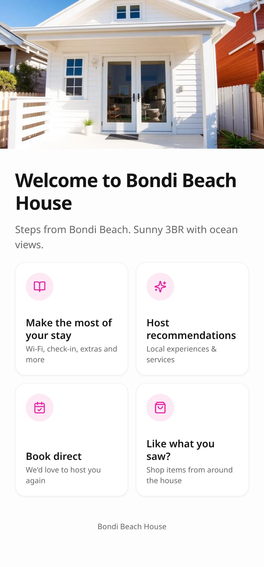 Homsies guest view of a property welcome page with host recommendations and direct booking