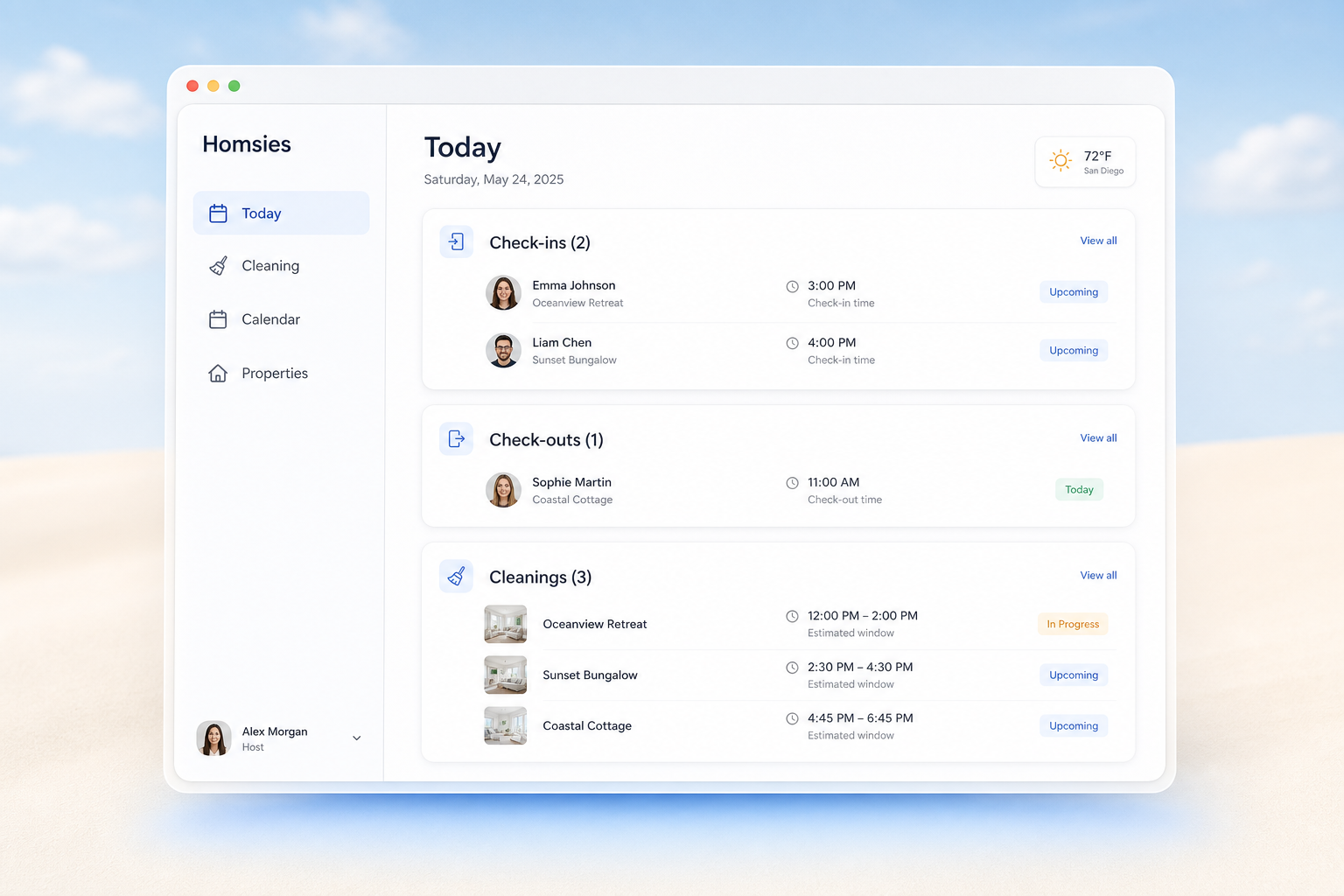 Homsies Today dashboard showing check-ins, check-outs and cleanings for an Airbnb host